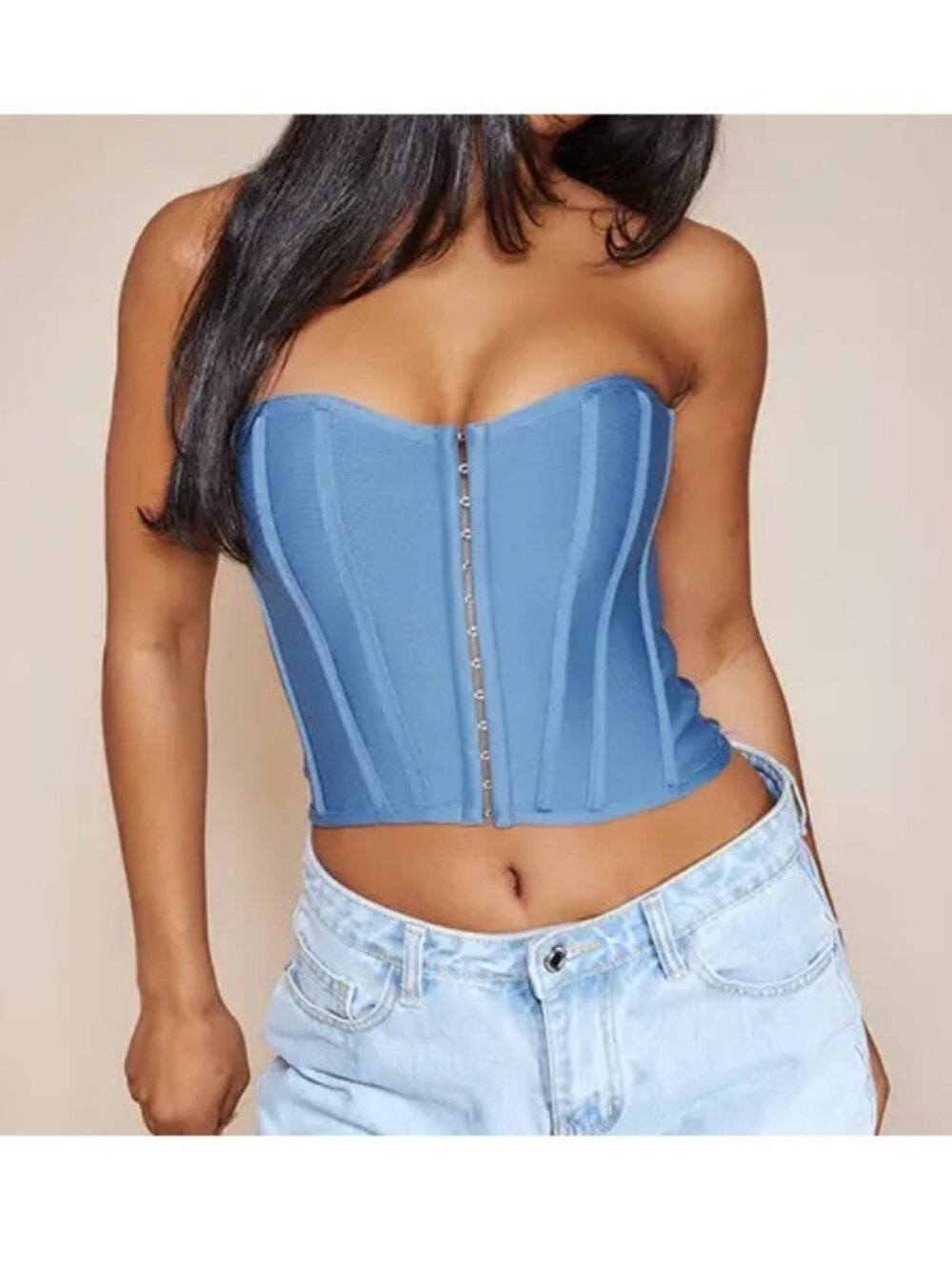 PrettyLittleThing Blue Steel Bandage Hook And Eye Structured Corset Top